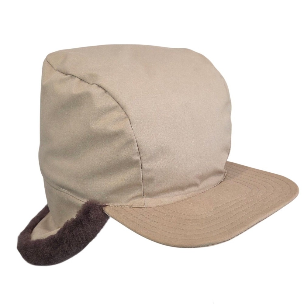 VTG 80s Eddie Bauer Tan Trapper Hunting Hat Goose Down Faux Fur Ear Flaps Winter